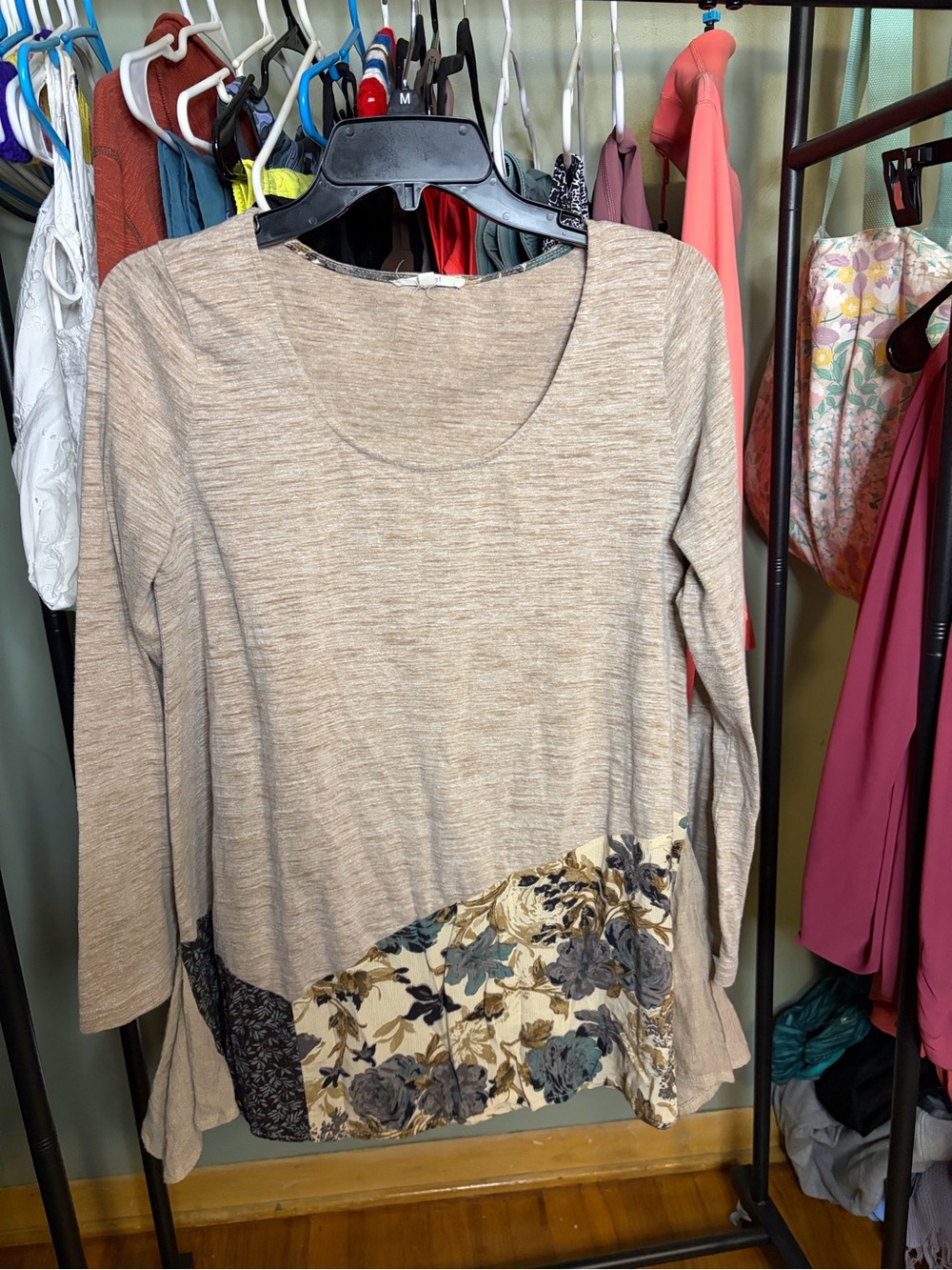 easel Beige Long Sleeve Scoop Neck Top with Floral Hem